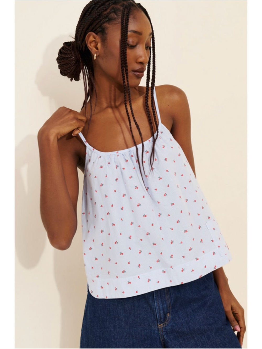 Light Blue Floral Spaghetti Strap Tank Top